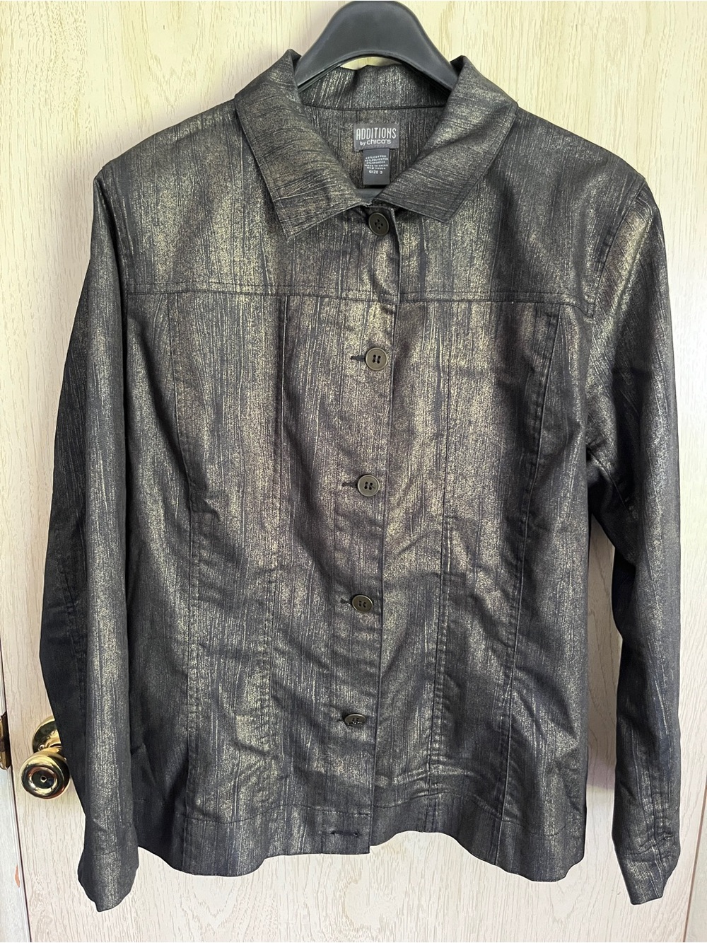 Additions by Chico’s Gold Metallic Faux Denim Style Light Jacket Sz 3 XL